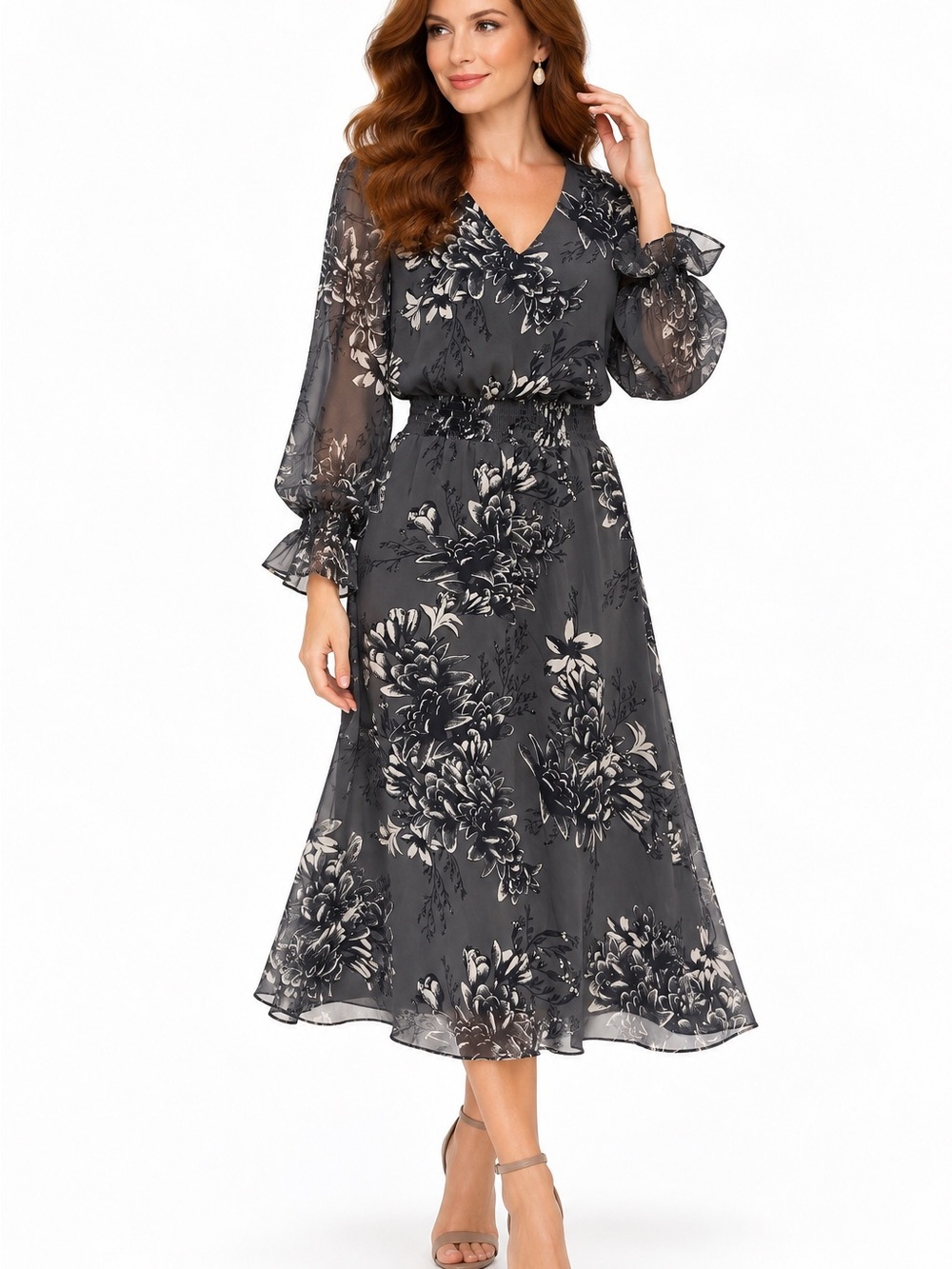 Vince Camuto Charcoal Floral V-Neck Midi Dress